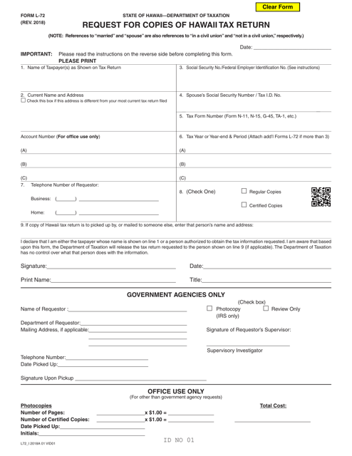 Form L-72 Request for Copies of Hawaii Tax Return - Hawaii