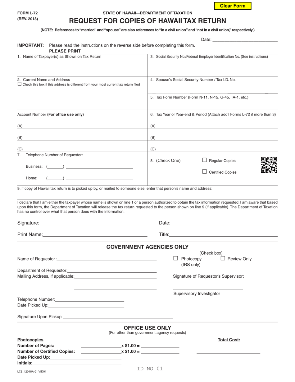 Form L-72 Request for Copies of Hawaii Tax Return - Hawaii, Page 1