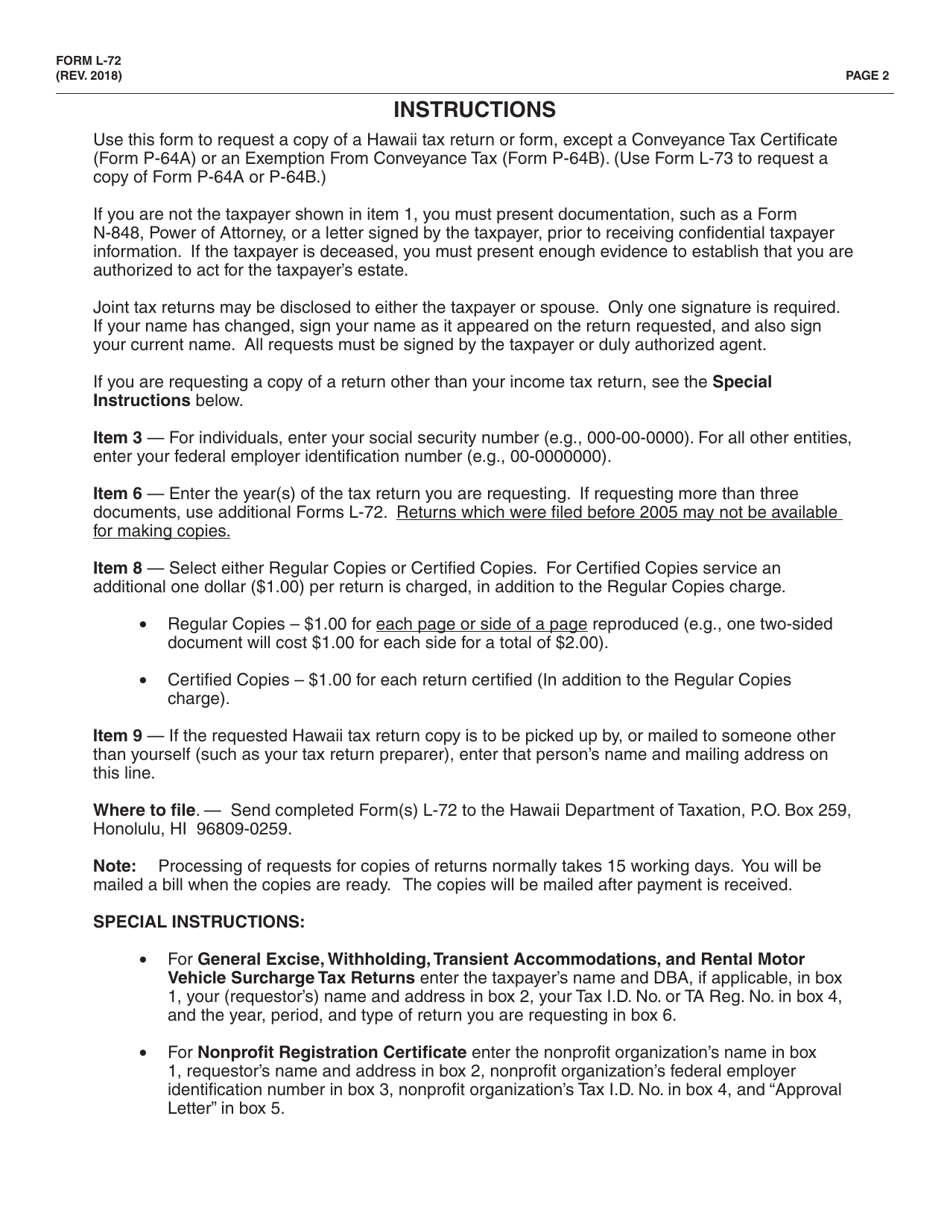 Form L-72 Request for Copies of Hawaii Tax Return - Hawaii, Page 2