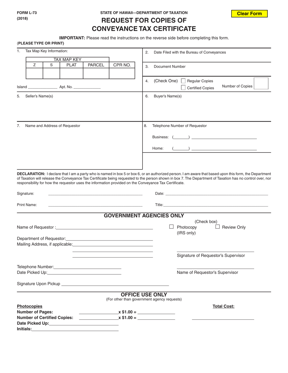 Form L-73 Request for Copies of Conveyance Tax Certificates - Hawaii, Page 1