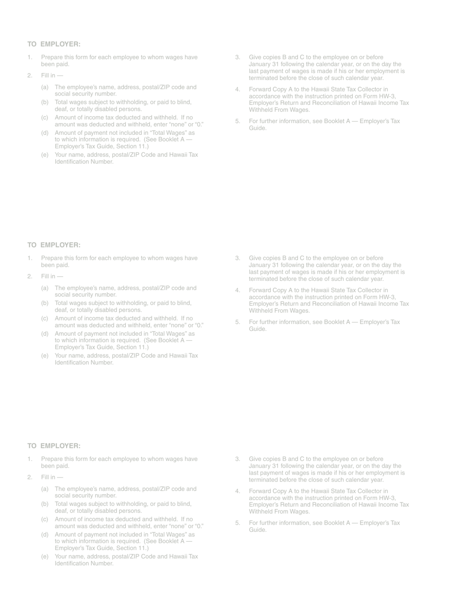 Form HW-2 Statement of Hawaii Income Tax Withheld and Wages Paid - Hawaii, Page 2
