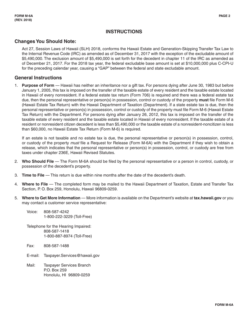Form M-6A Request for Release to Be Filed for Decedents Dying After June 30, 1983 - Hawaii, Page 2