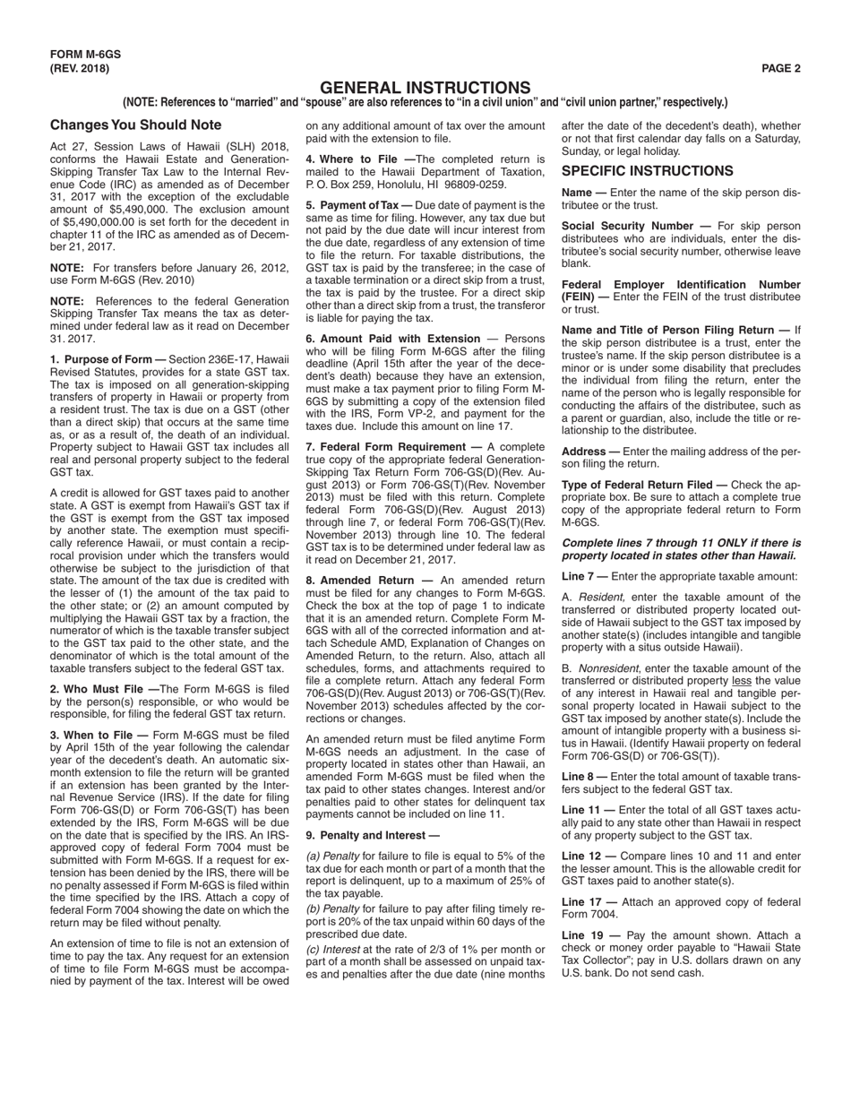 Form M-6GS Hawaii Generation-Skipping Transfer Tax Return - Hawaii, Page 2