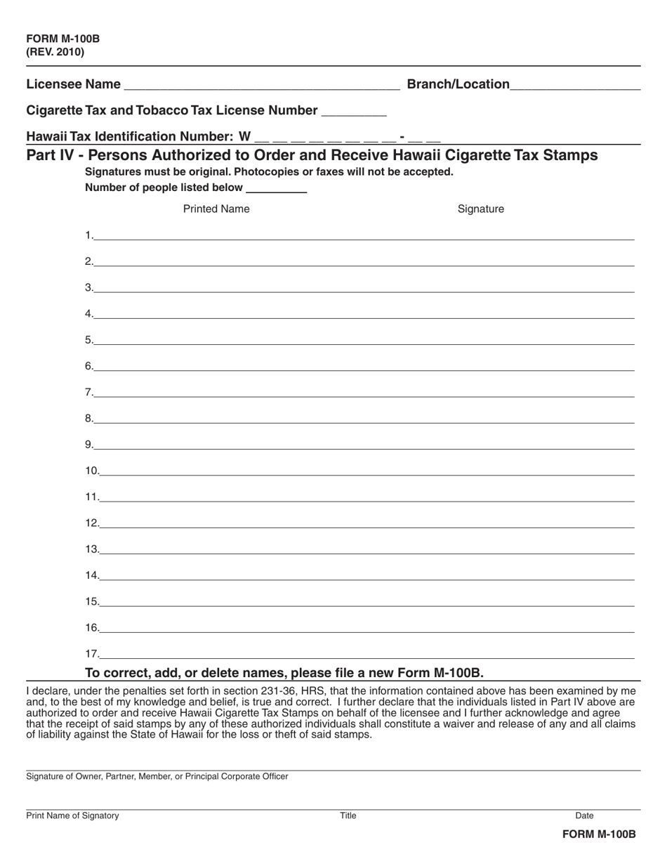 Form M-100B Authorization to Order and Receive Cigarette Tax Stamps - Hawaii, Page 2