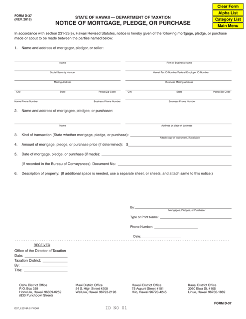Form D-37 Notice of Mortgage, Pledge, or Purchase - Hawaii
