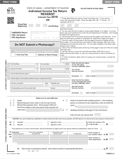 Form N-11 Individual Income Tax Return - Resident - Hawaii, 2018