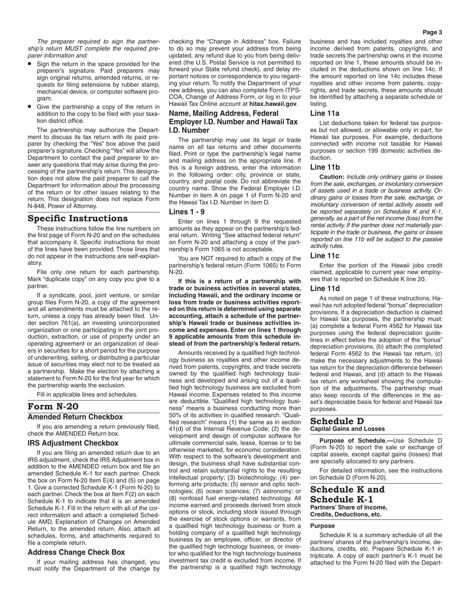 Instructions for Form N-20 Partnership Return of Income - Hawaii, Page 3