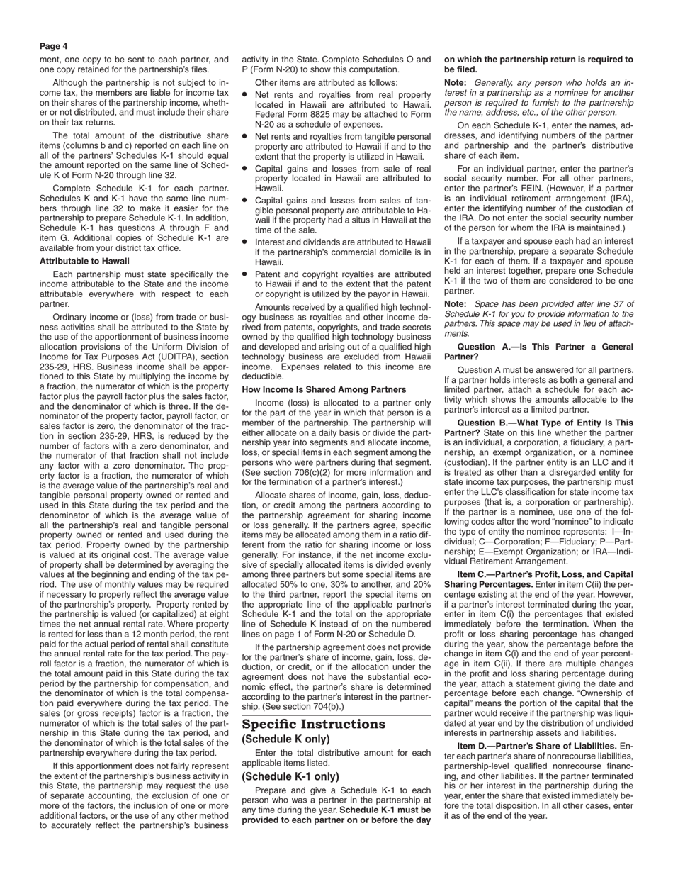 Instructions for Form N-20 Partnership Return of Income - Hawaii, Page 4