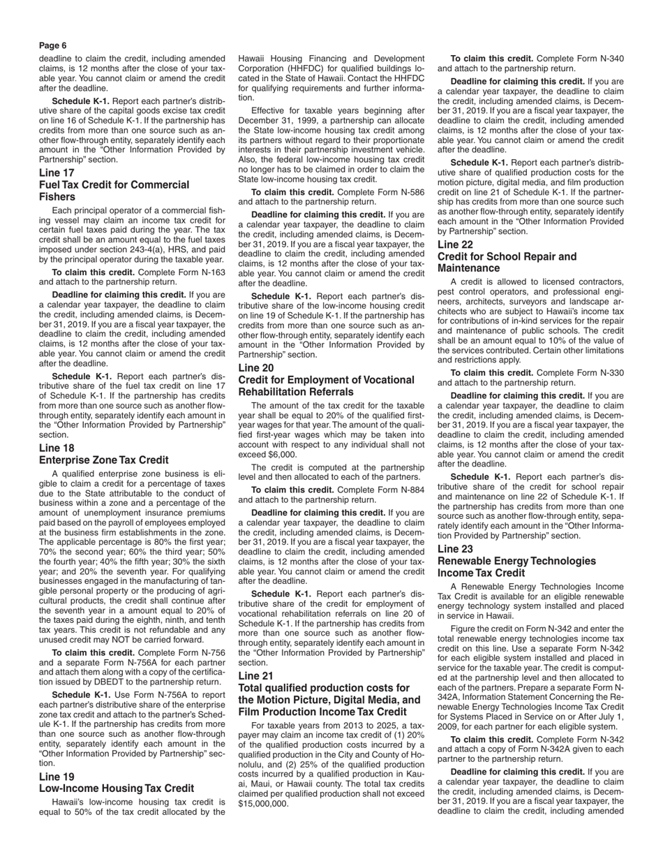 Instructions for Form N-20 Partnership Return of Income - Hawaii, Page 6