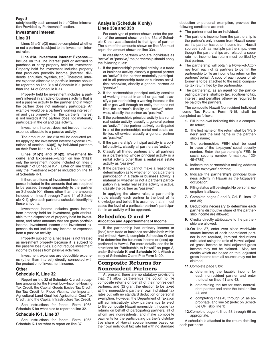 Instructions for Form N-20 Partnership Return of Income - Hawaii, Page 8