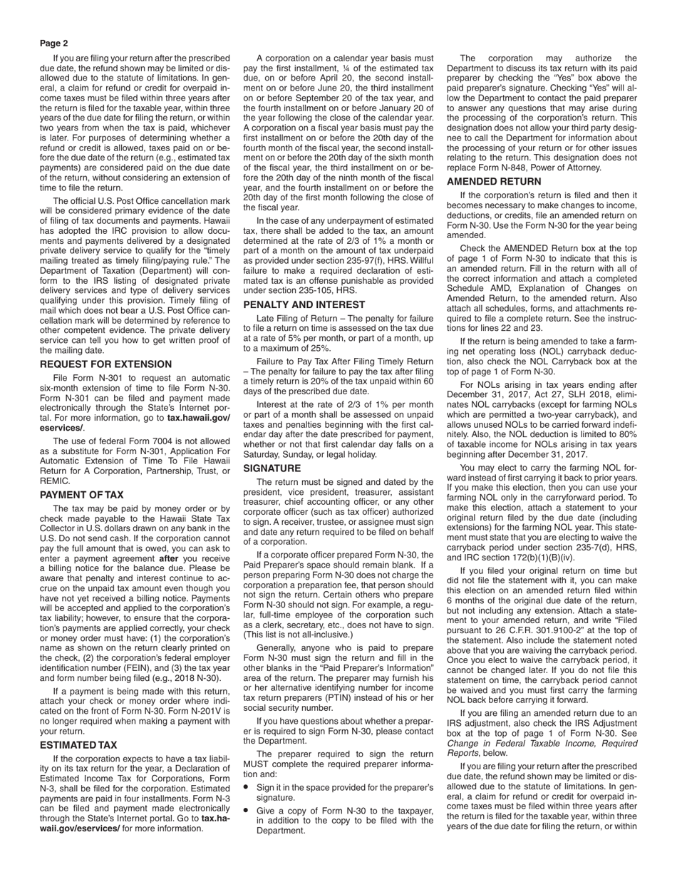 Instructions for Form N-30 Corporation Income Tax Return - Hawaii, Page 2