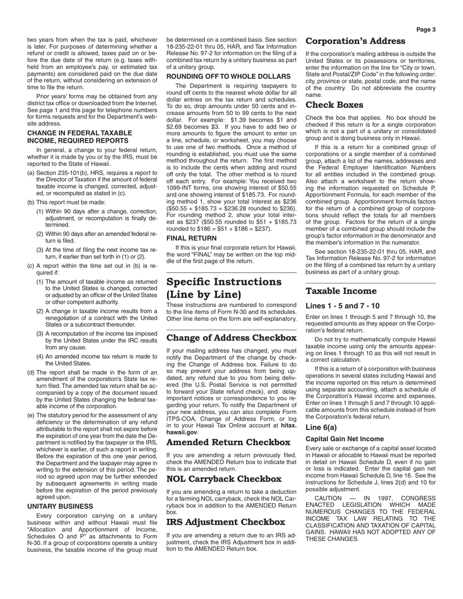 Instructions for Form N-30 Corporation Income Tax Return - Hawaii, Page 3