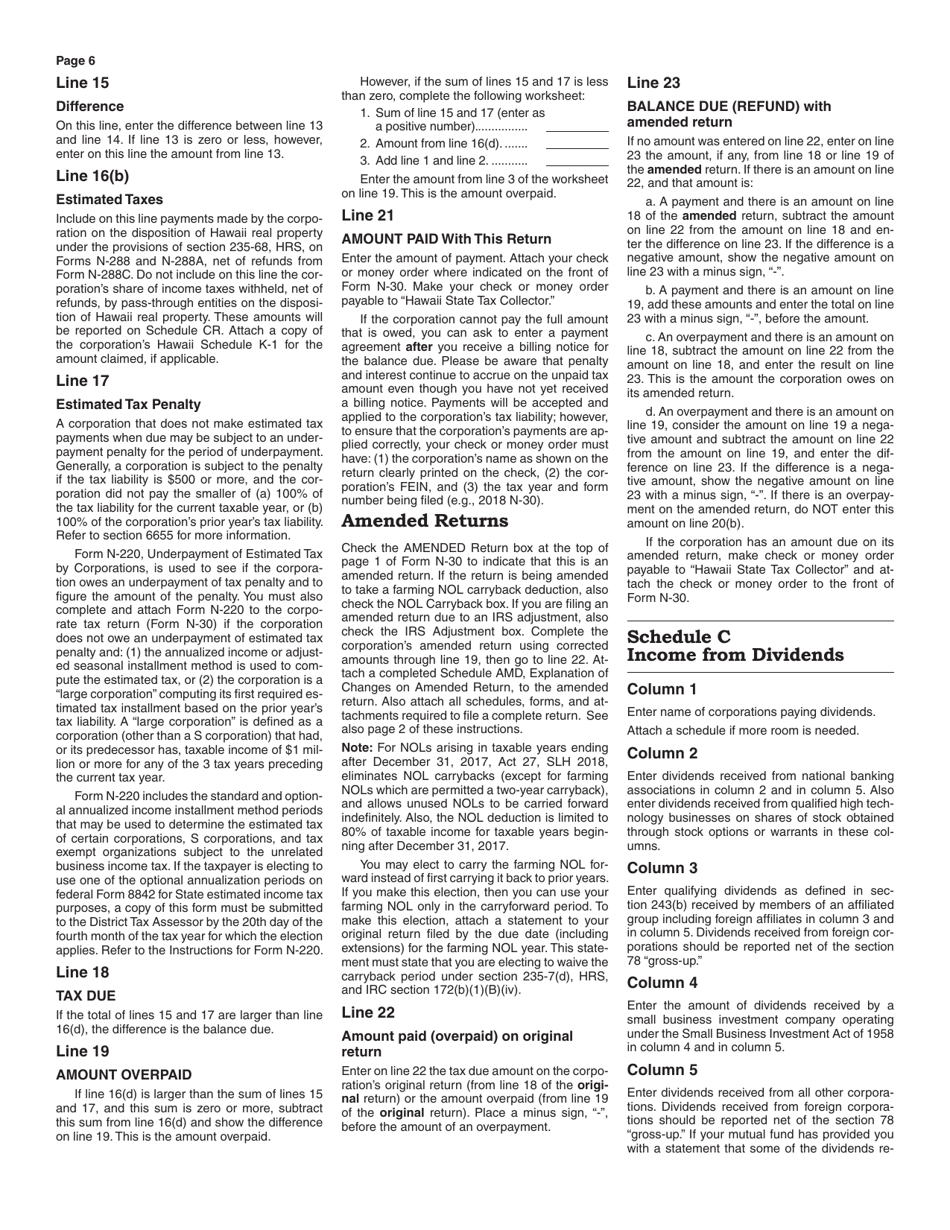 Instructions for Form N-30 Corporation Income Tax Return - Hawaii, Page 6