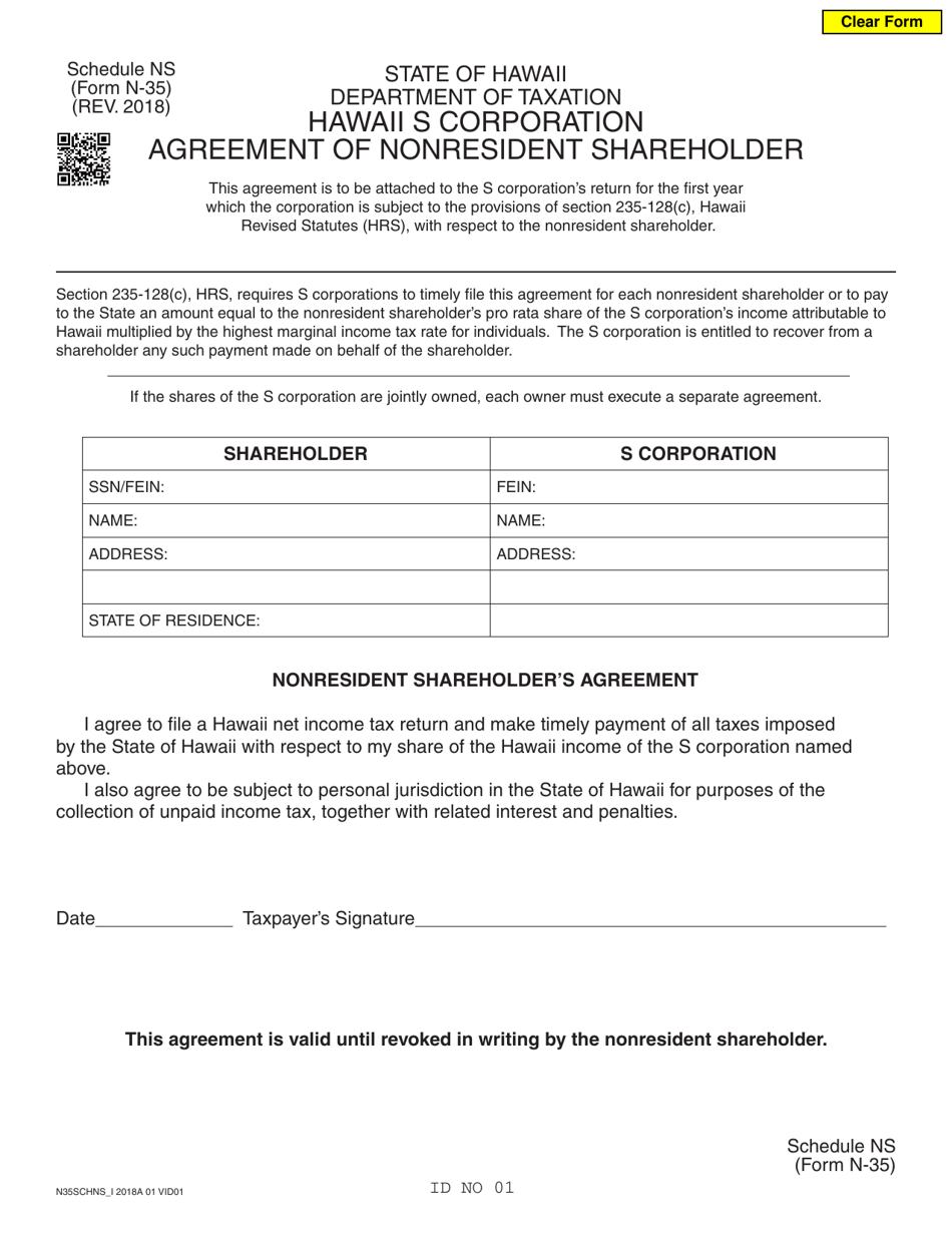 Form N-35 Schedule NS Hawaii S Corporationagreement of Nonresident Shareholder - Hawaii, Page 1