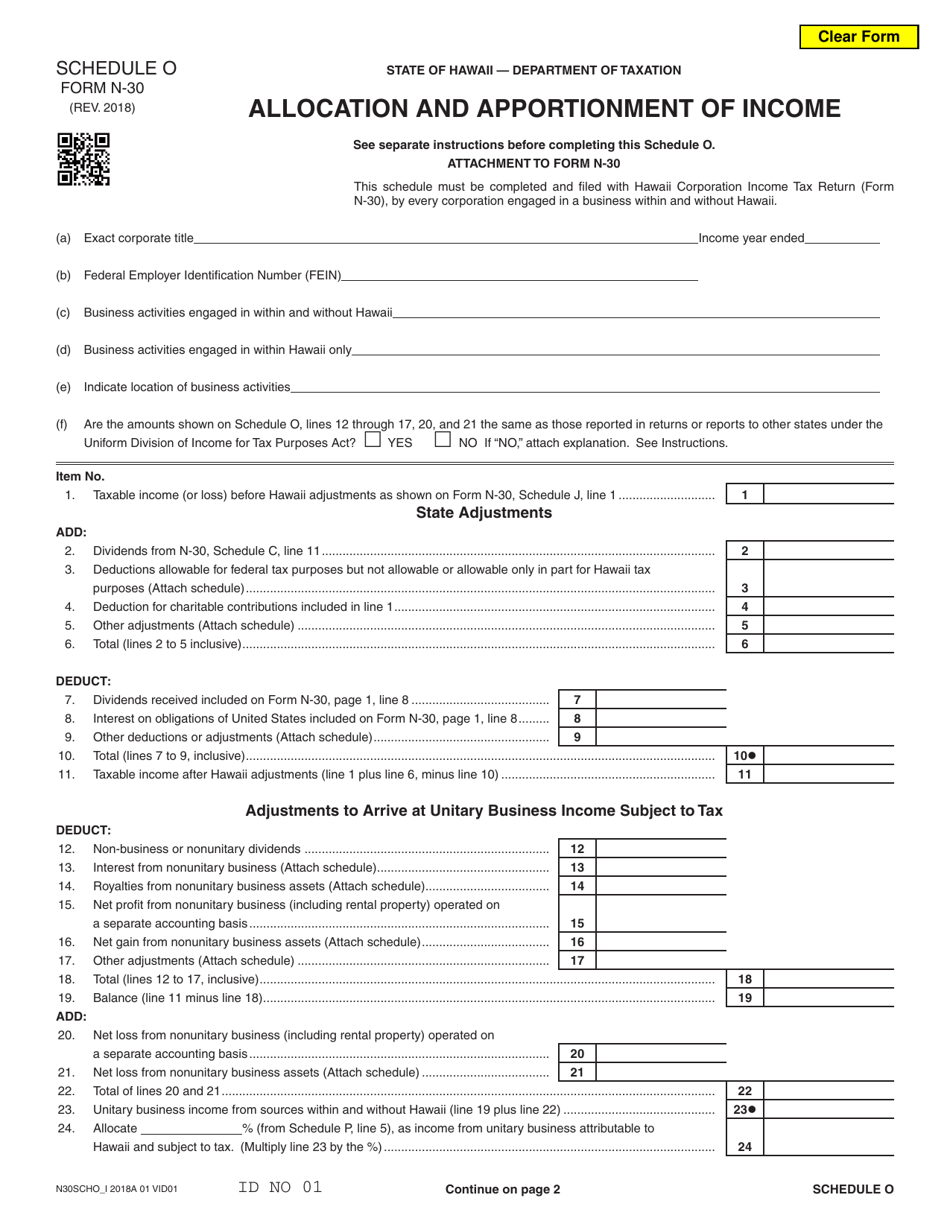 Form N-30 Schedule O Allocation and Apportionment of Income - Hawaii, Page 1