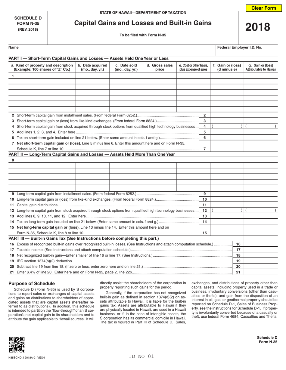 Form N-35 Schedule D Capital Gains and Losses and Built-In Gains - Hawaii, Page 1