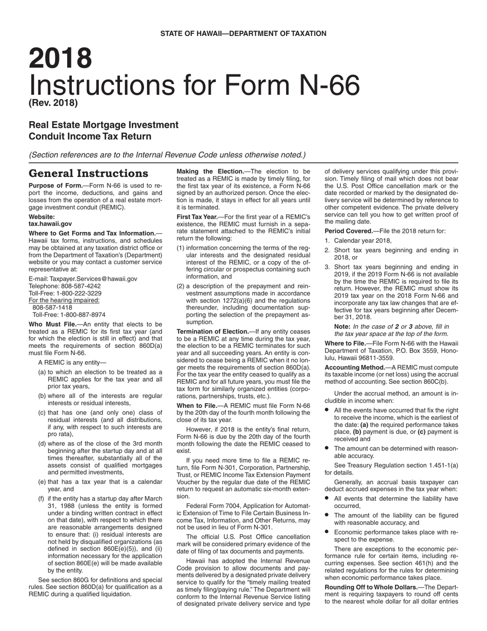 Instructions for Form N-66 Real Estate Investment Mortgage Conduit Income Tax Return - Hawaii, Page 1