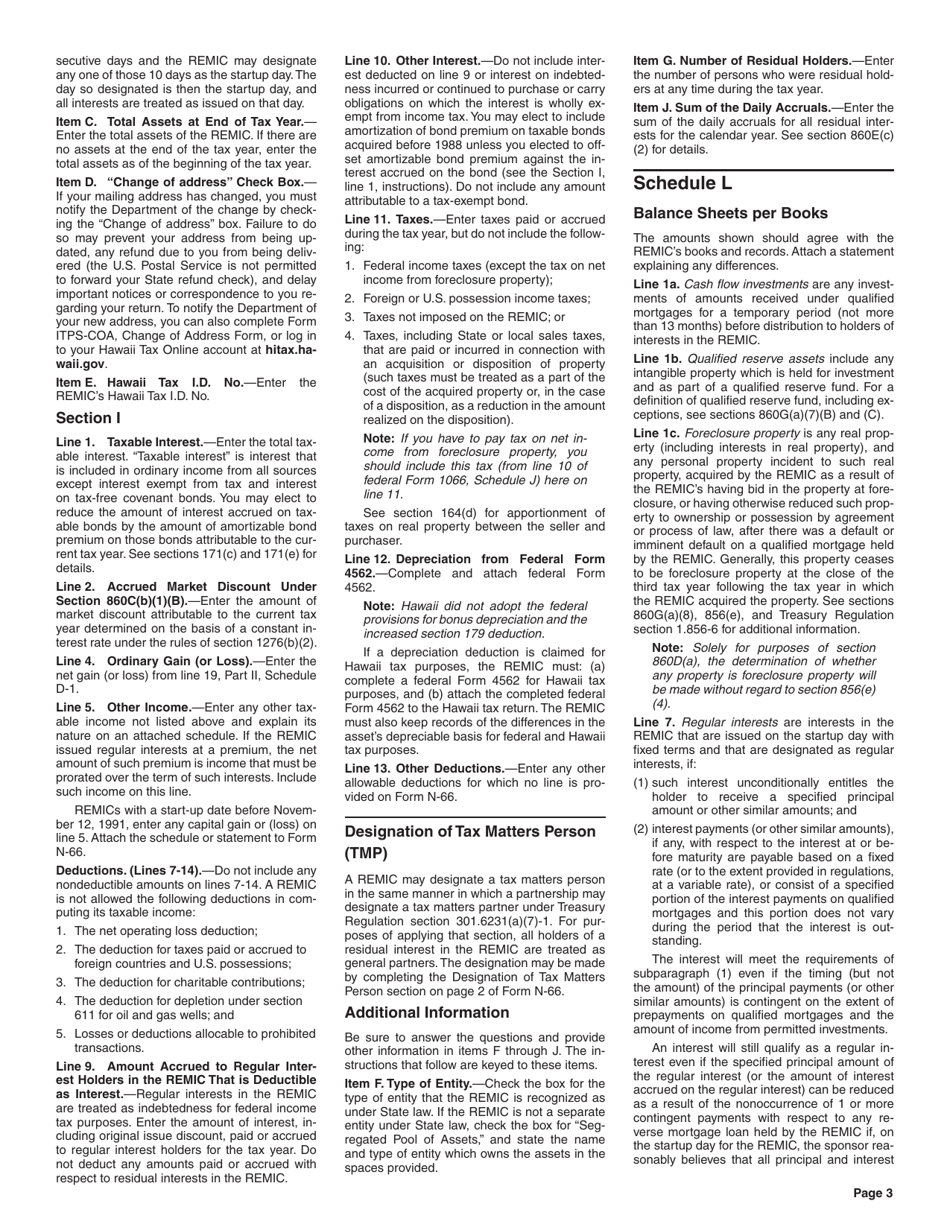 Instructions for Form N-66 Real Estate Investment Mortgage Conduit Income Tax Return - Hawaii, Page 3