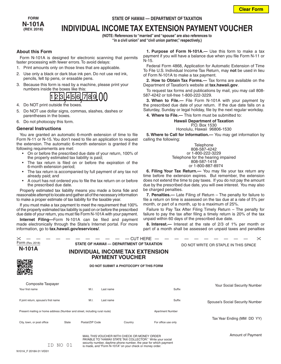 Form N-101A Individual Income Tax Extension Payment Voucher - Hawaii, Page 1
