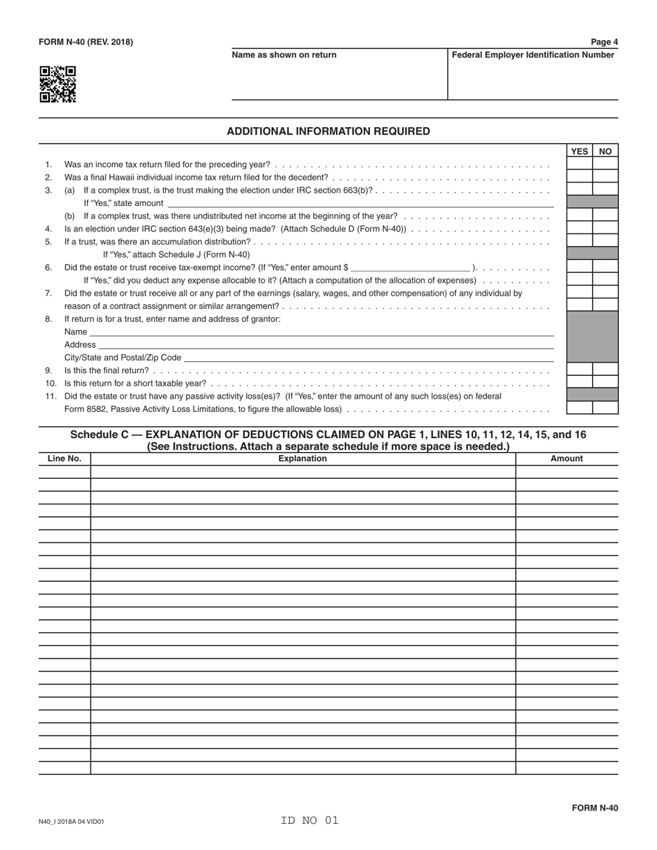 Form N-40 Fiduciary Income Tax Return - Hawaii, Page 4