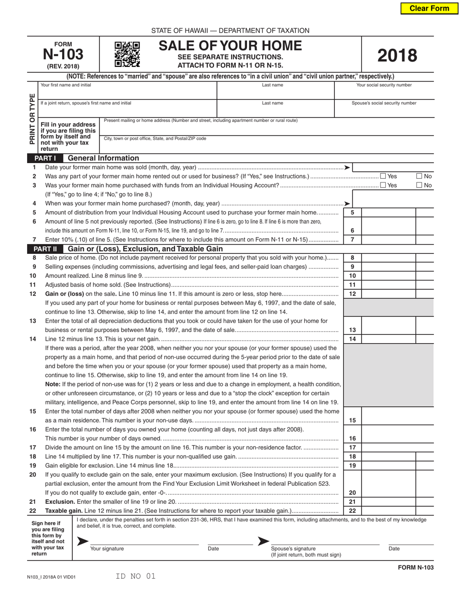 Form N-103 Sale of Your Home - Hawaii, Page 1