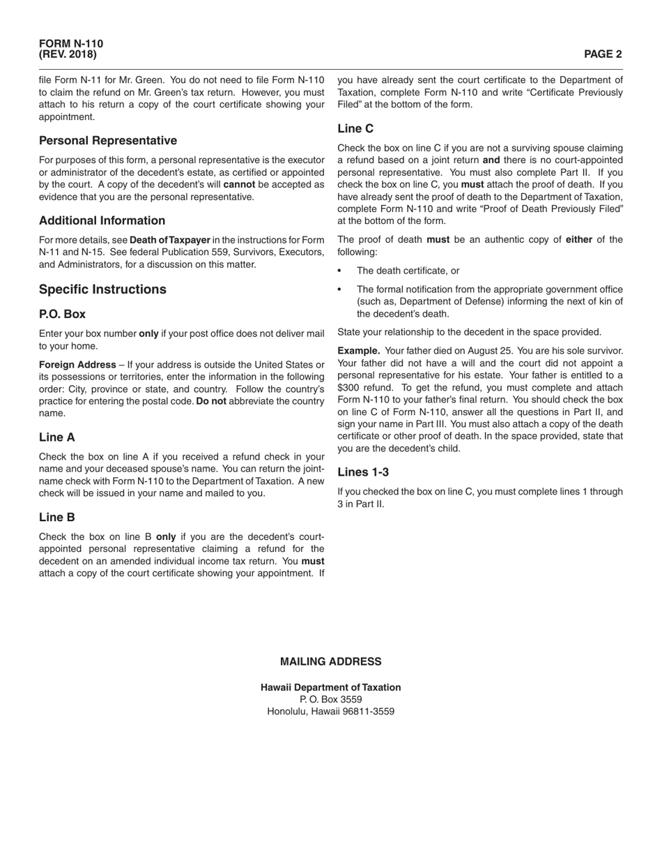 Form N-110 Statement of Person Claiming Refund Due a Deceased Taxpayer - Hawaii, Page 2
