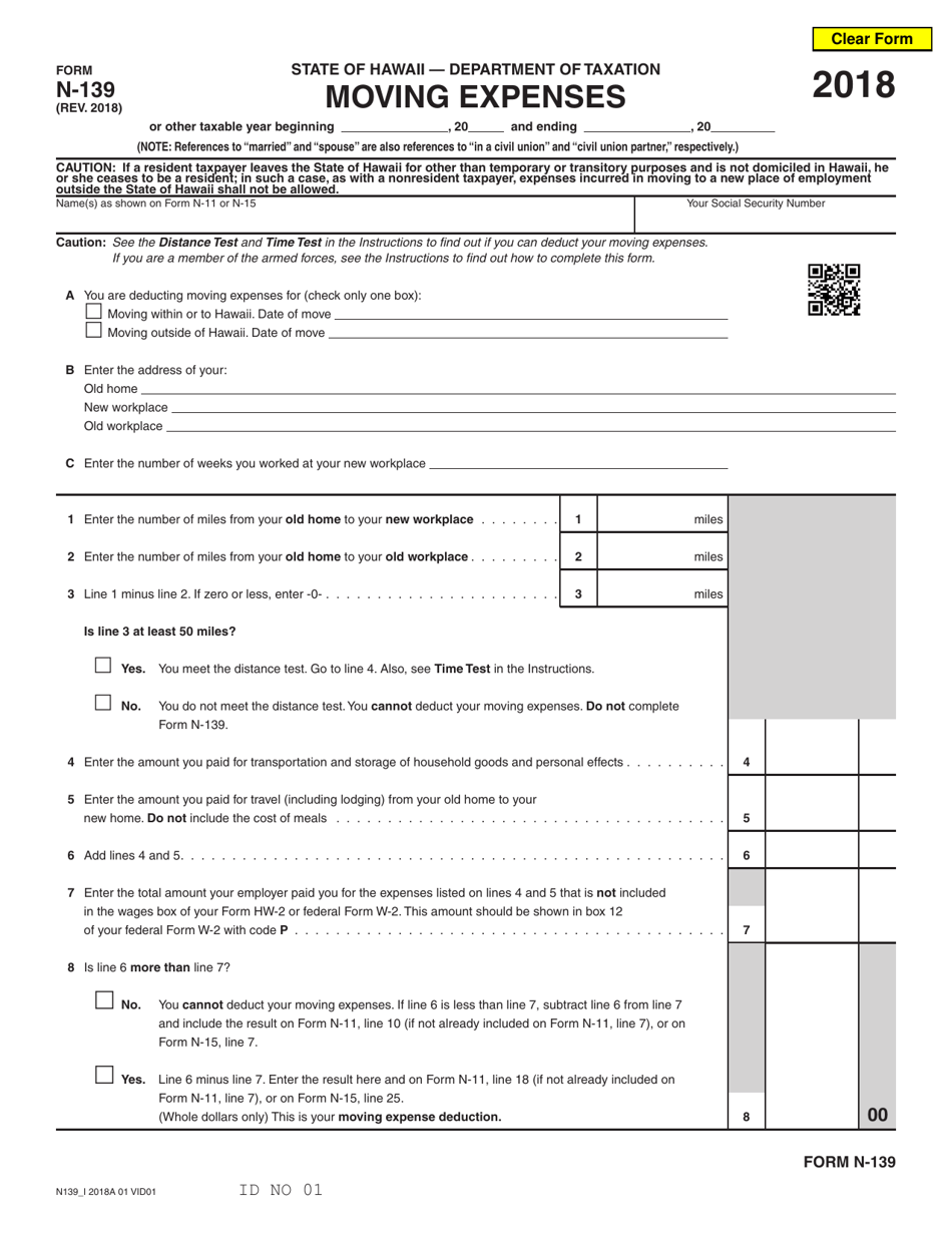 Form N-139 Moving Expenses - Hawaii, Page 1