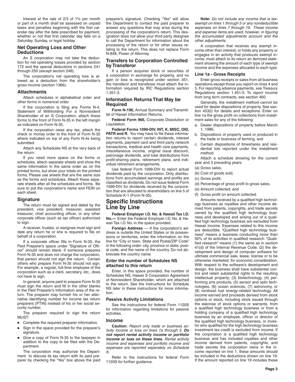 Instructions for Form N-35 S Corporation Income Tax Return - Hawaii, Page 3