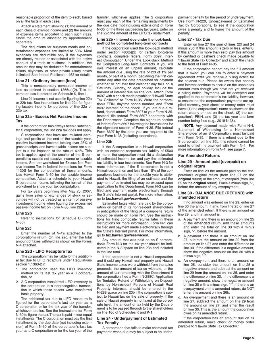 Instructions for Form N-35 S Corporation Income Tax Return - Hawaii, Page 5