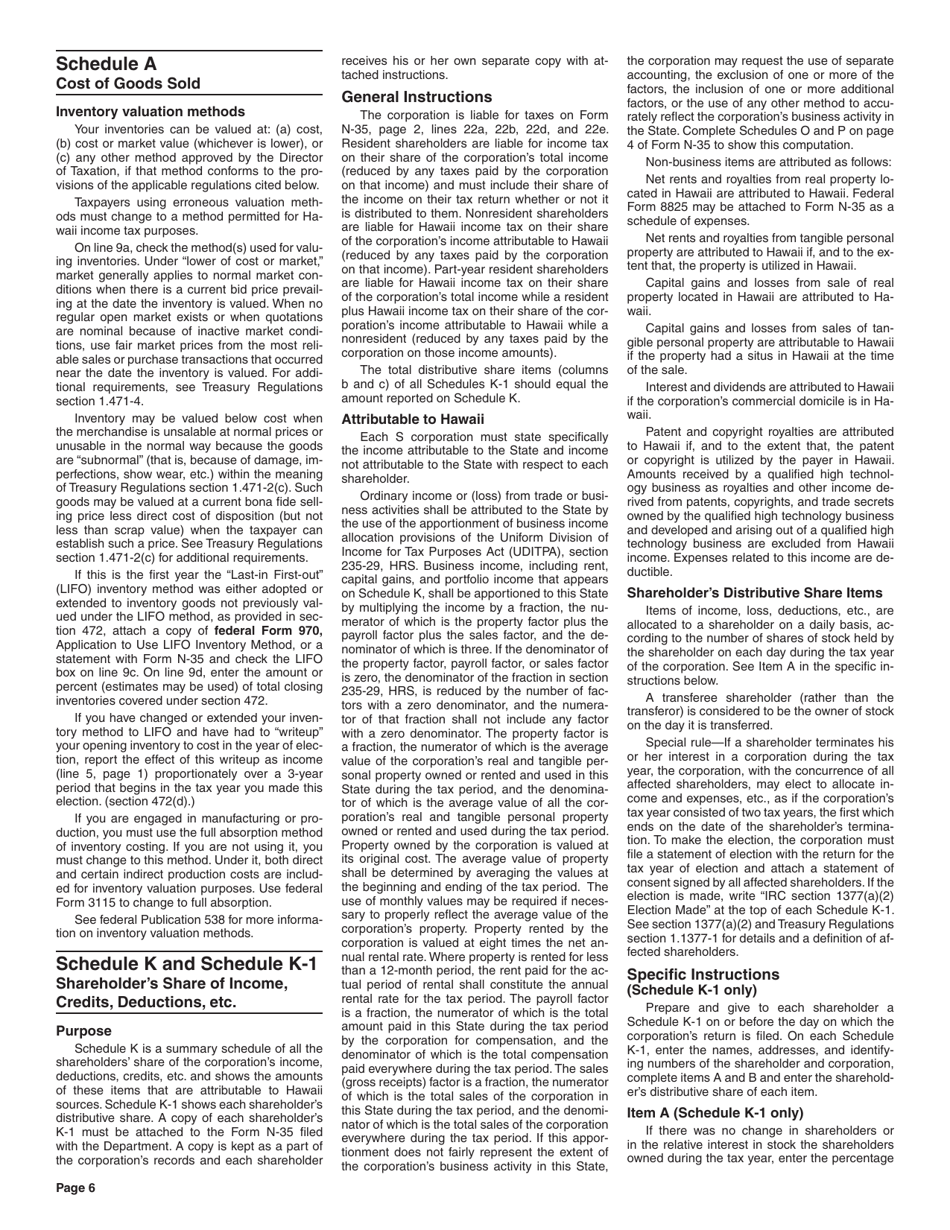 Instructions for Form N-35 S Corporation Income Tax Return - Hawaii, Page 6