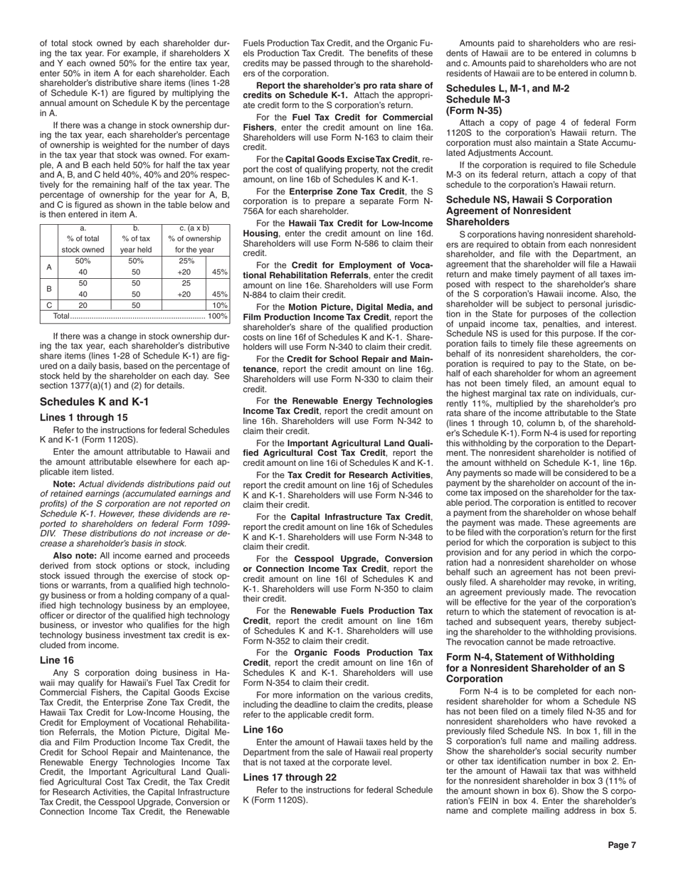 Instructions for Form N-35 S Corporation Income Tax Return - Hawaii, Page 7