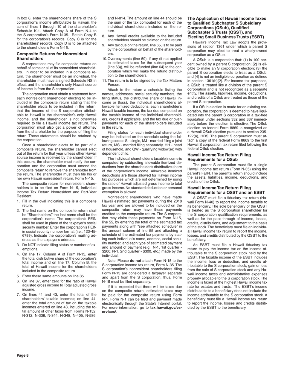 Instructions for Form N-35 S Corporation Income Tax Return - Hawaii, Page 8
