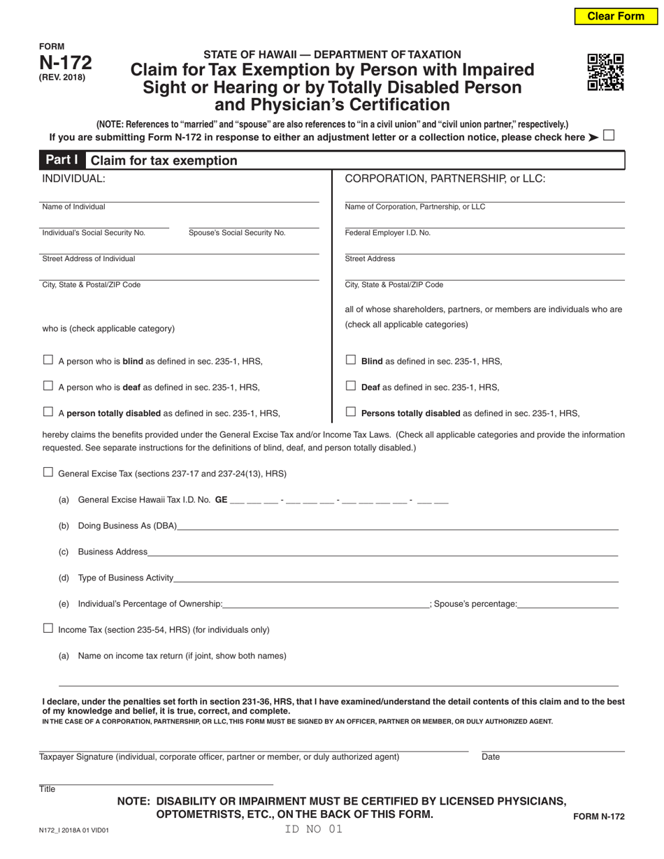 Form N-172 Claim for Tax Exemption by Person With Impaired Sight or Hearing or by Totally Disabled Person and Physicians Certification - Hawaii, Page 1