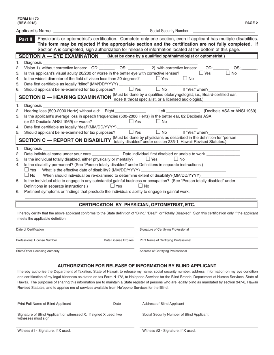 Form N-172 Claim for Tax Exemption by Person With Impaired Sight or Hearing or by Totally Disabled Person and Physicians Certification - Hawaii, Page 2