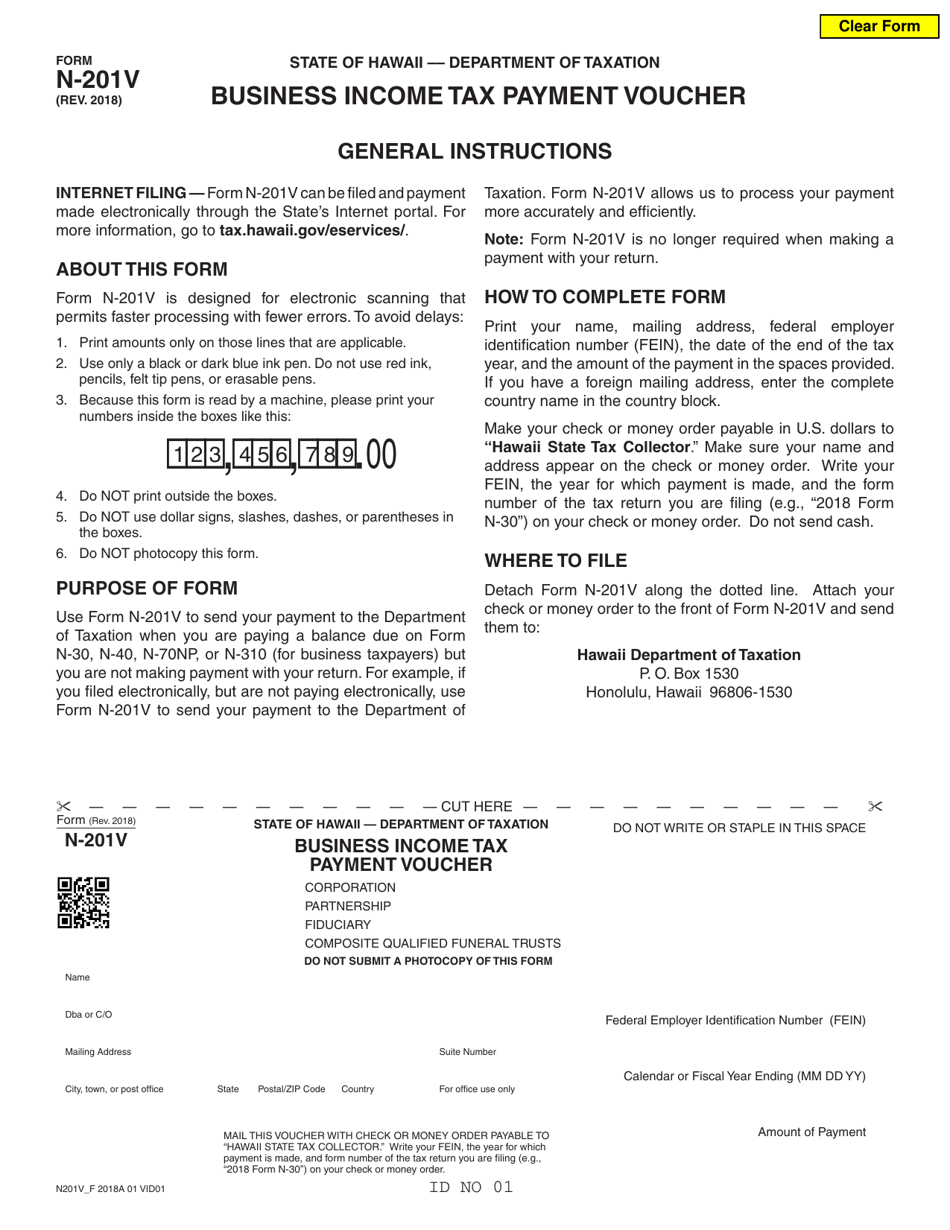 Form N-201V Business Income Tax Payment Voucher - Hawaii, Page 1