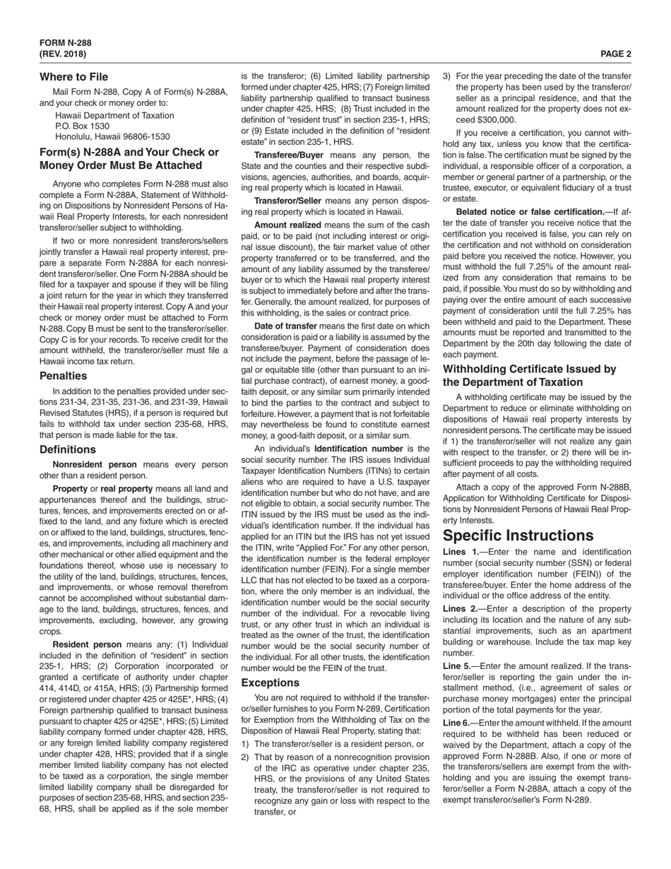 Form N-288 Hawaii Withholding Tax Return for Dispositions by Nonresident Persons of Hawaii Real Property Interests - Hawaii, Page 2