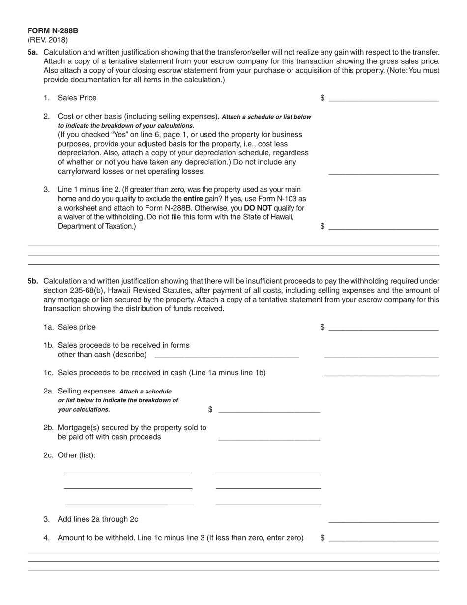 Form N-288B Application for Withholding Certificate for Dispositions by Nonresident Persons of Hawaii Real Property Interest - Hawaii, Page 2