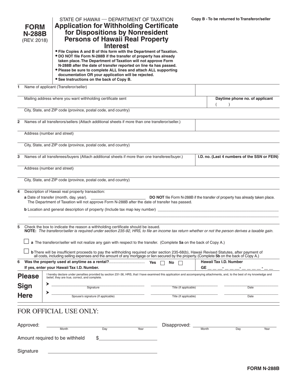 Form N-288B Application for Withholding Certificate for Dispositions by Nonresident Persons of Hawaii Real Property Interest - Hawaii, Page 3