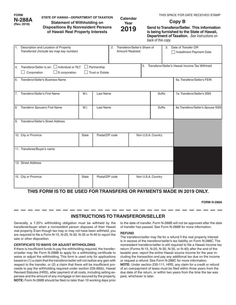 Form N-288A Statement of Withholding on Dispositions by Nonresident Persons of Hawaii Real Property Interests - Hawaii, Page 3