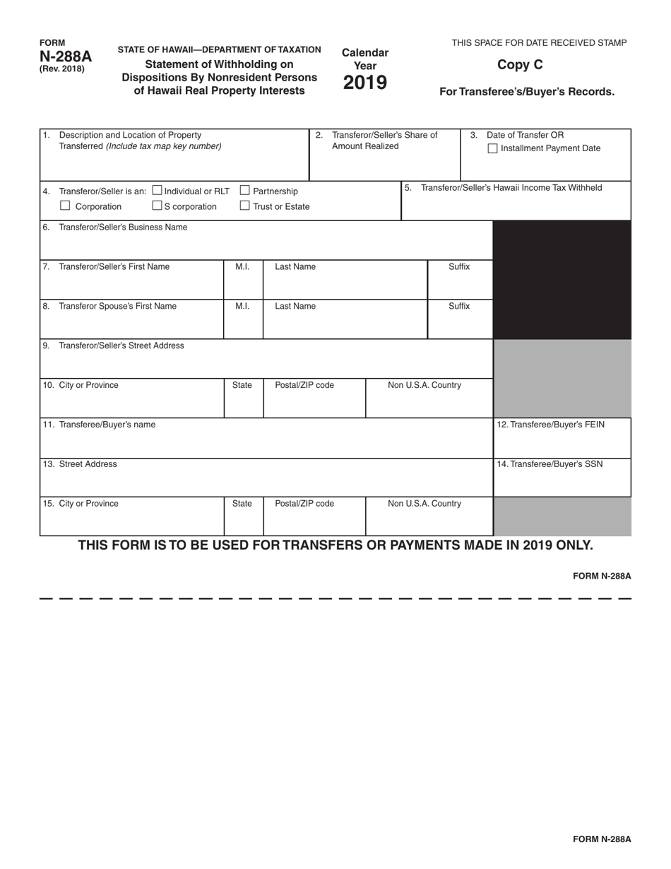 Form N-288A Statement of Withholding on Dispositions by Nonresident Persons of Hawaii Real Property Interests - Hawaii, Page 5