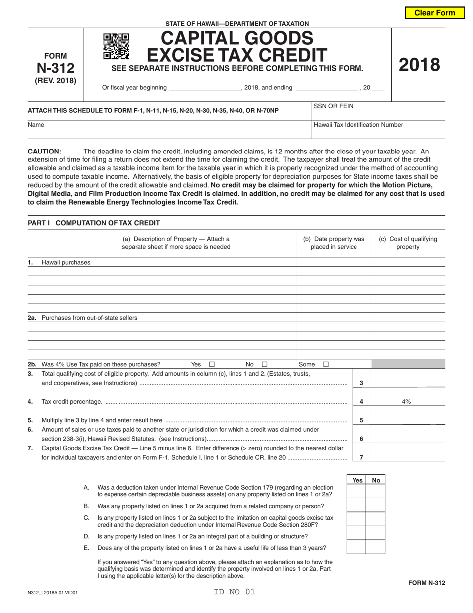 Form N-312 Capital Goods Excise Tax Credit - Hawaii, Page 1