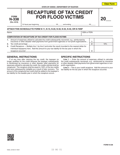 Form N-338 Recapture of Tax Credit Form for Flood Victims - Hawaii