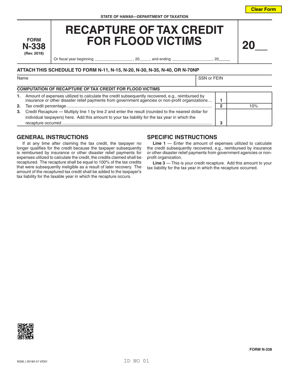 Form N-338 Recapture of Tax Credit Form for Flood Victims - Hawaii, Page 1