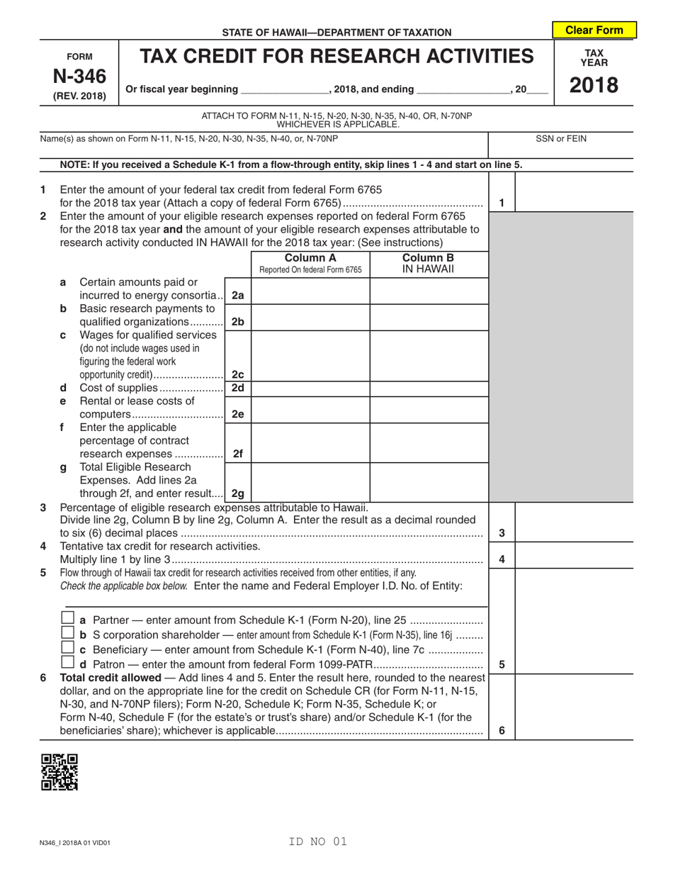 Form N-346 Tax Credit for Research Activities - Hawaii, Page 1