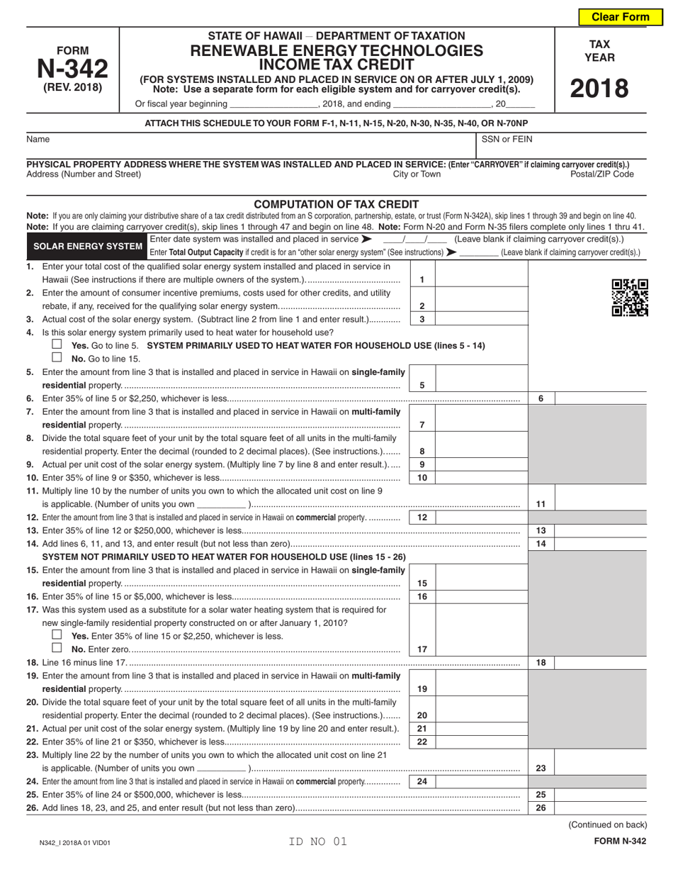 Form N-342 Renewable Energy Technologies Income Tax Credit - Hawaii, Page 1