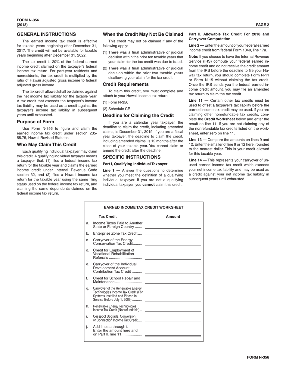 Form N-356 Earned Income Tax Credit - Hawaii, Page 2