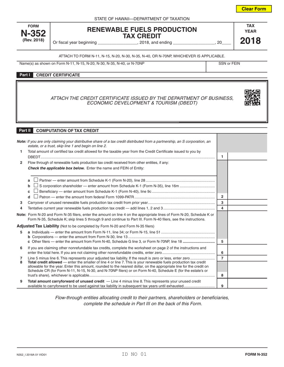 Form N-352 Renewable Fuels Production Tax Credit - Hawaii, Page 1