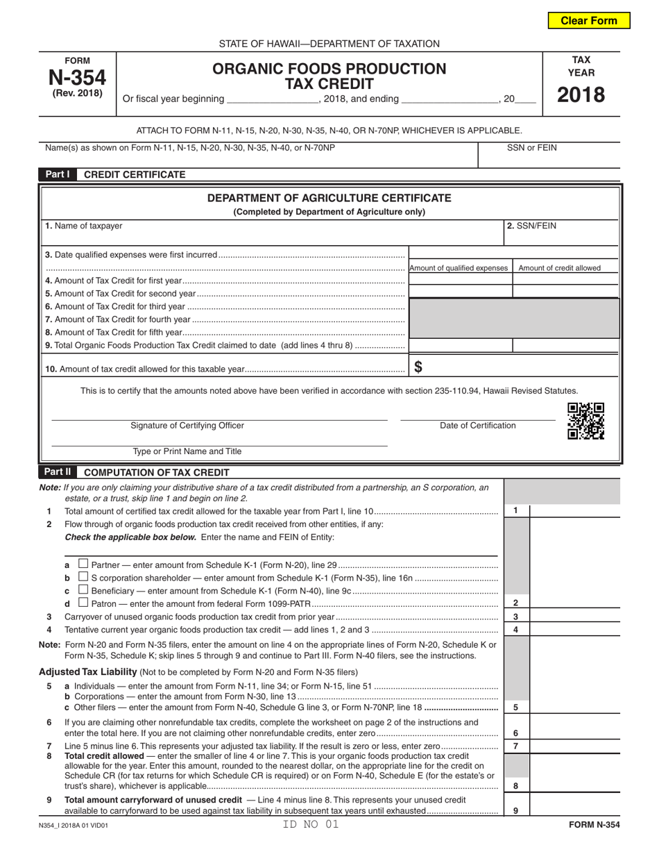Form N-354 Organic Foods Production Tax Credit - Hawaii, Page 1