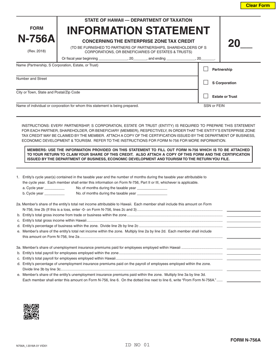 Form N-756A Information Statement Concerning the Enterprise Zone Tax Credit - Hawaii, Page 1