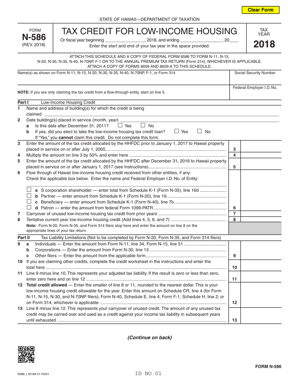 Form N-586 Tax Credit for Low-Income Housing - Hawaii, Page 1